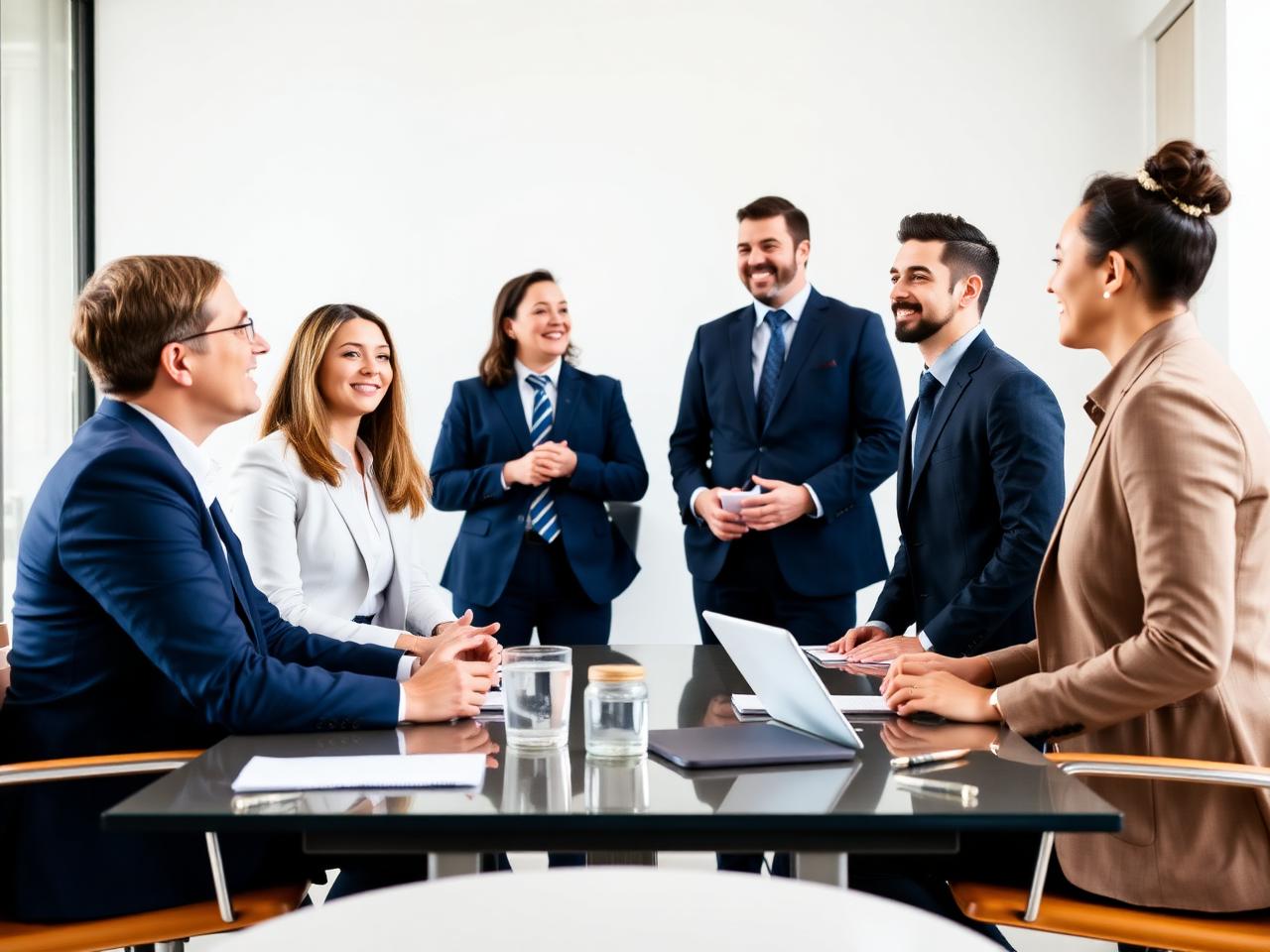 Business professionals meeting with clients in a modern conference room