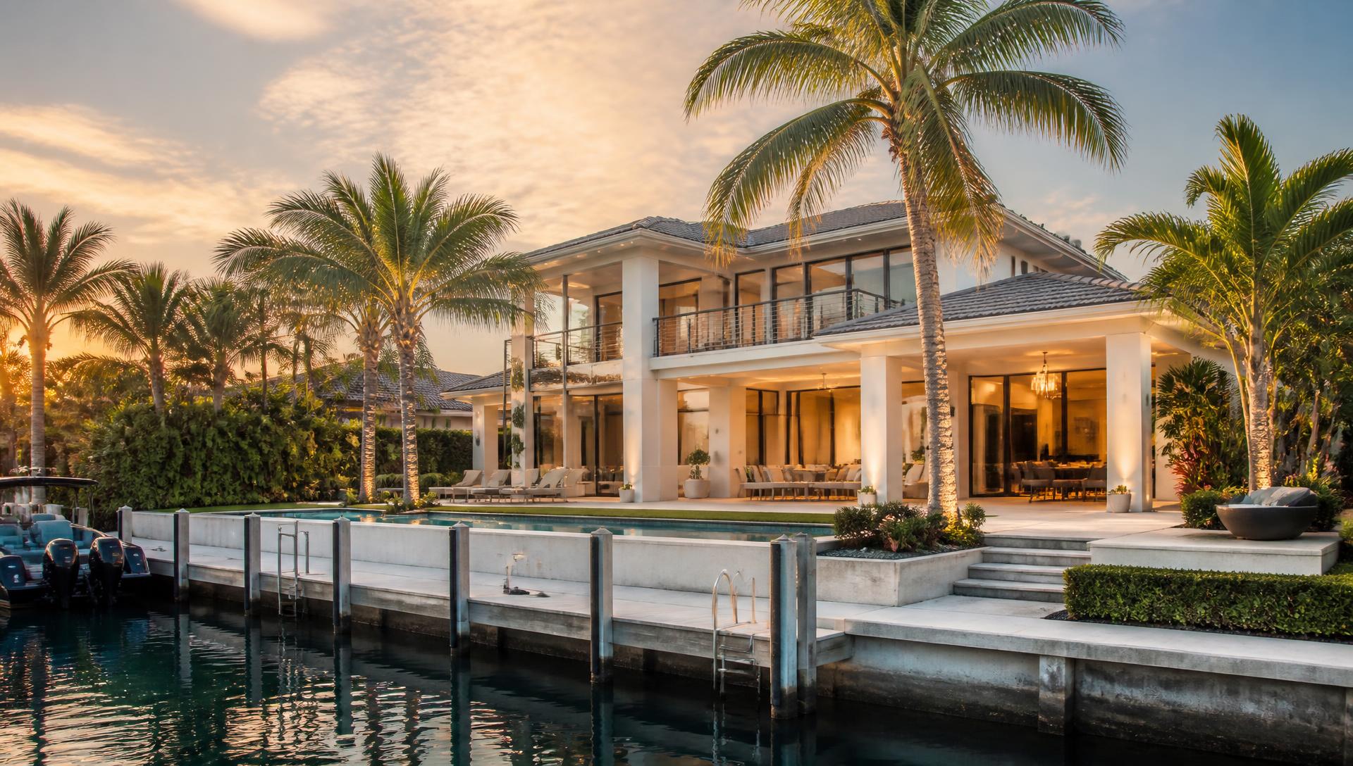Elegant South Florida waterfront property at golden hour