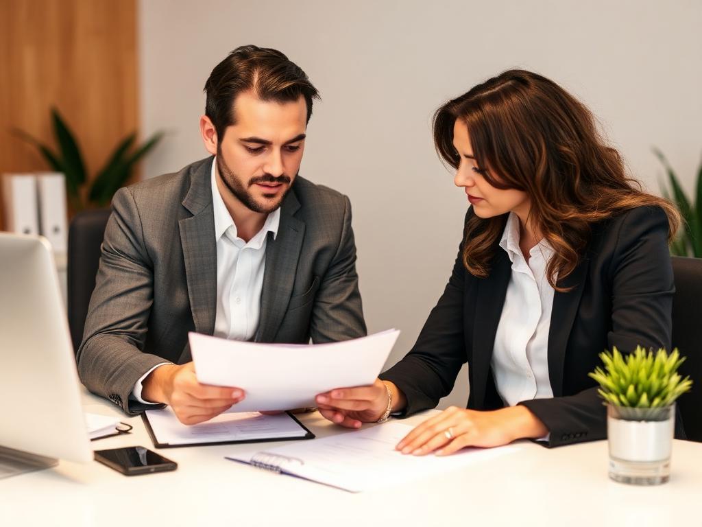 Two professionals reviewing insurance documents at an office desk