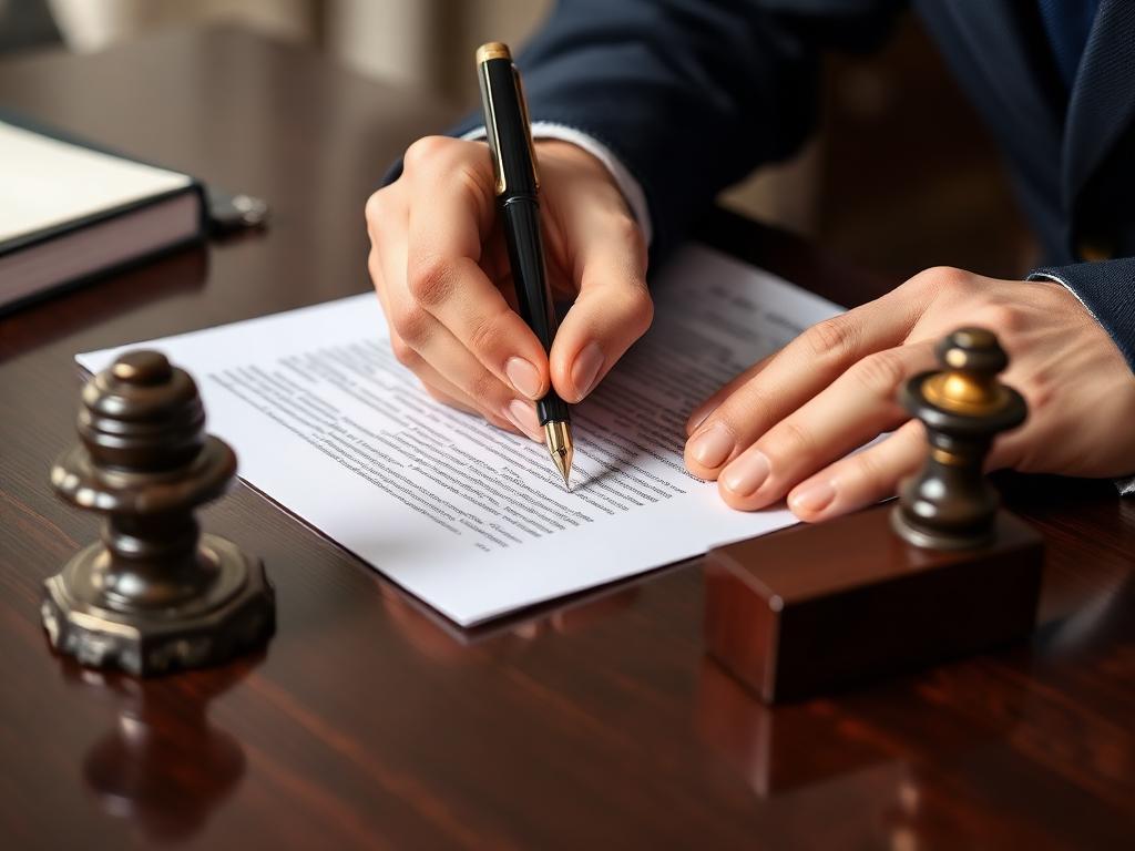 Hands signing an official document beside a notary stamp