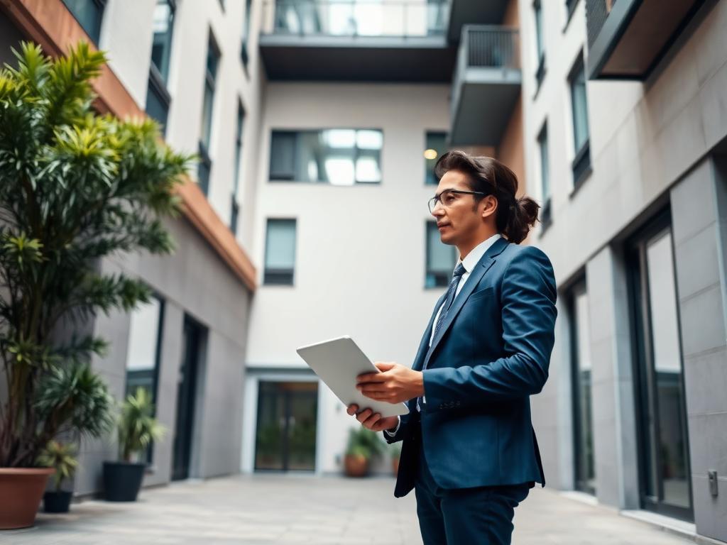 Property manager reviewing a tablet outside a modern apartment building
