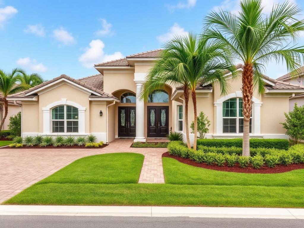 Modern South Florida home with palm trees and manicured landscaping
